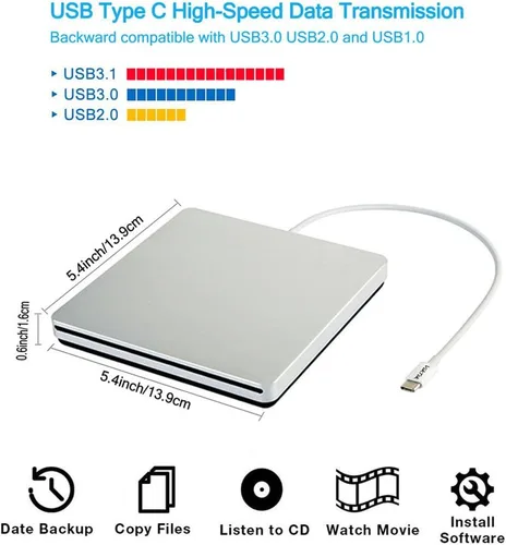 Vista 3 de USB-C Superdrive - Lector externo de DVD/CD y grabadora de DVD/CD para Apple-MacBook Air/Pro/iMac/Mini/MacBook Pro/ASUS/ASUS/DELL Latitude