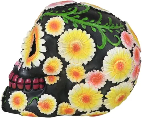 Vista 2 de Ebros Gift Figura negra del Día de los Muertos metálicos coloridos girasoles brillantes, flores florales, calavera de azúcar, estatua de calaveras