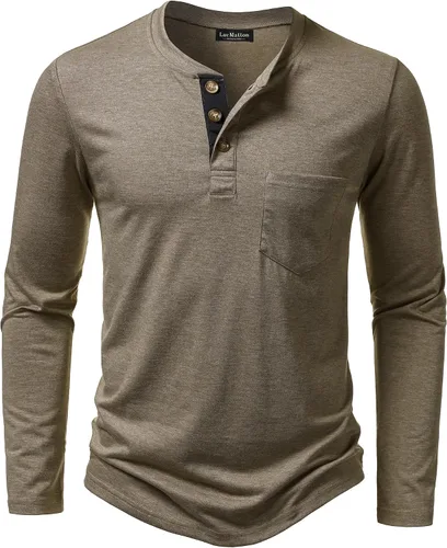 Vista 21 de LucMatton - Camiseta Henley para hombre, ligera, casual, elástica, ajuste entallado, manga larga, con bolsillo Verde militar