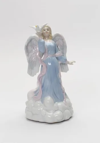 Vista 6 de Cosmos Gifts 1334 - Figura inspiradora de porcelana fina con diseño de ángel de la paz sosteniendo paloma, caja de música