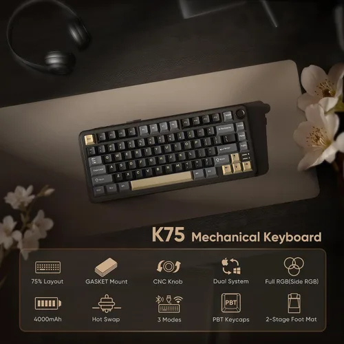 Vista 2 de RedThunder Teclado Mecánico Inalámbrico K75, Perilla CNC, Tri-Modo BT5.0/2.4GHz/USB-C Intercambiable en Caliente Personalizable, Interruptores