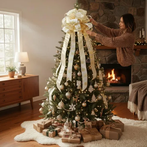 Vista 2 de Altier Lazo de 11" de oro ancho para decoración de árbol de Navidad con 4 colas, tiras de serpentina de 3 yardas de largo cada una para decoración