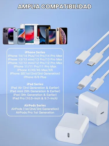 Vista 7 de Cargador Lightning para iPhone 14 y 13, [certificado Apple MFi] Paquete de 2 cargadores rápidos USBC