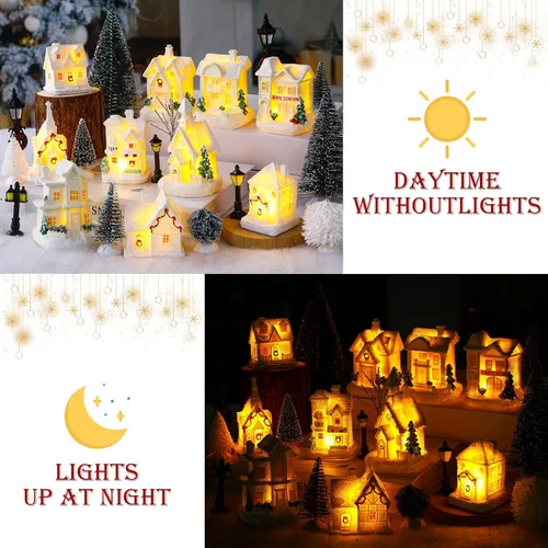 Vista 4 de Shappy 48 piezas de casas de pueblo navideño, accesorios de edificios de ciudad, 10 casas de pueblo navideño con luz, 12 mini árboles, 12 luces LED