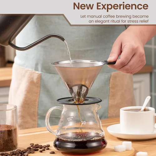 Vista 7 de 【2.0 mejorado】Gotero de café reutilizable de acero inoxidable con base antideslizante y asa, cafetera sin papel (plateado)