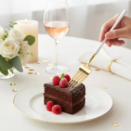 Vista 5 de Blue Sky Infinity Flatware - Tenedores de cena dorados y blancos, 20 unidades, cubiertos de plástico desechables elegantes para eventos y fiestas