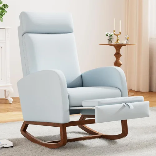 Vista 10 de Silla mecedora para guardería, balancín de respaldo alto con reposapiés, color beige Rocking Chair Nursery with Footrest Storage Pocket