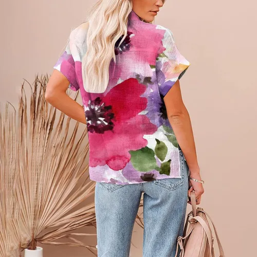 Vista 4 de Camisa de manga corta con cuello abierto para mujer, con múltiples botones, blusa casual de lino y algodón para verano