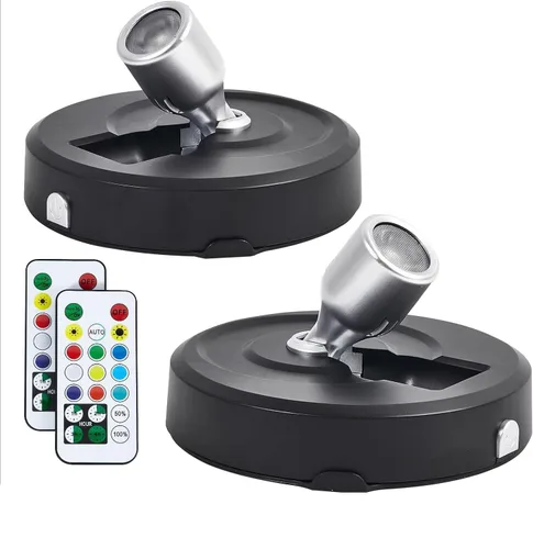 Vista 21 de Paquete de 2 Focos LED Inalámbricos a Batería para Cuadros, Luces de Disco con 2 Controles Remotos, Foco Adhesivo Regulable con Temporizador