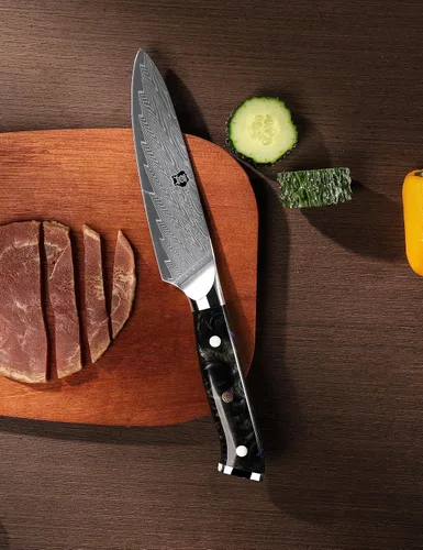 Vista 6 de WILDMOK Cuchillo de cocina de 5 pulgadas, Damasco Japón VG-10, cuchillo de cocina de acero afilado, mango ergonómico de resina de color, caja
