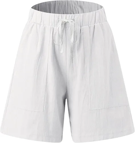 Vista 3 de Pantalones cortos de algodón para mujer, ajuste holgado, pantalones cortos de verano elásticos elegantes con cordón y bolsillos