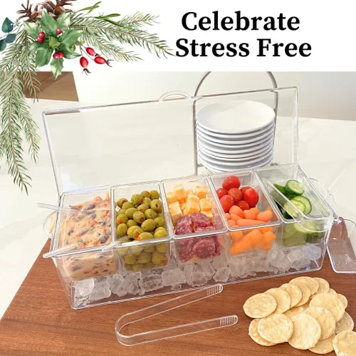 Vista 3 de Evelots Ice Chilled - Bandeja de condimentos de 5 compartimentos con tapa con bisagras, recipiente de plástico para servir para adornar, perfecto