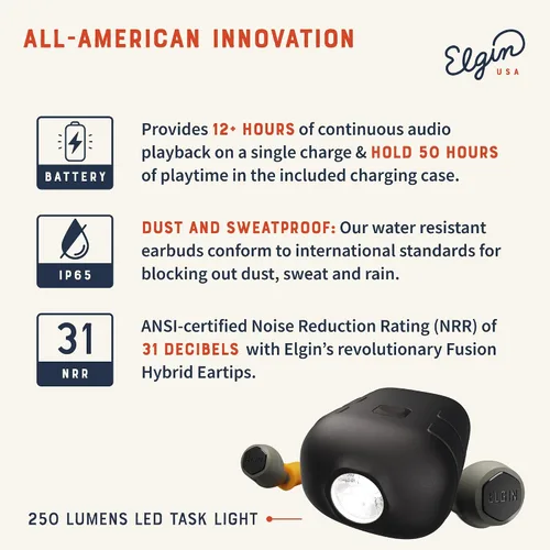 Vista 3 de Auriculares Elgin Rebel True Wireless, auriculares Bluetooth de reducción de ruido de 25 dB, micrófono con aislamiento de ruido, vida de batería