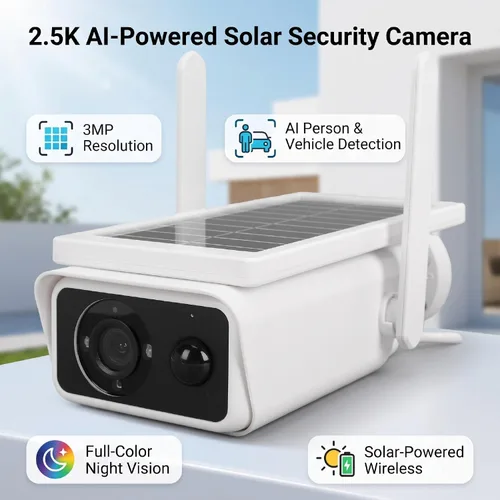 Vista 2 de Solar Security Camera Wireless Outdoor, 3MP 2.5K, AI Human & Vehicle Detection, 360 PTZ View, Color Night Vision, PIR Sensor