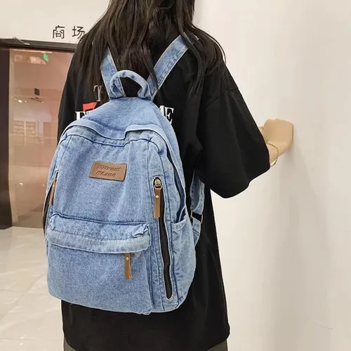 Vista 2 de Mochila de mezclilla para mujeres y hombres, mochila vintage estilo grunge, mochila para computadora portátil, mochila retro para viajes y trabajo