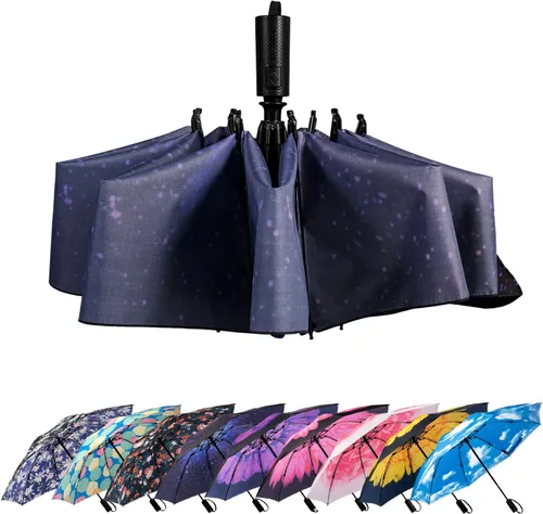 Vista 57 de LANBRELLA Paraguas plegable inverso compacto paraguas de viaje a prueba de viento automático