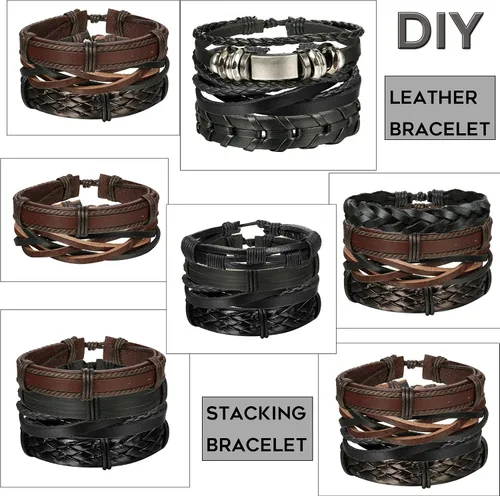 Vista 2 de Jstyle 12Pcs Braided Bracelet for Men Beaded Bracelets Wrap Leather Wooden Bracelets Adjustable