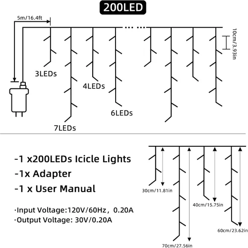 Vista 6 de Luces de Navidad de carámbano para exteriores - 200 LED 6.4+4.9 m 8 modos, cortina de luces de hadas en forma de guirnalda, enchufables