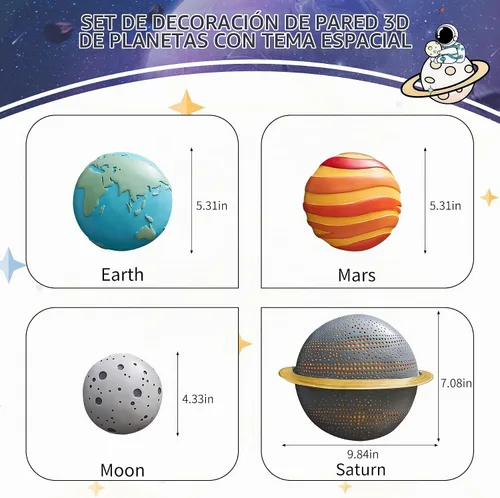 Vista 3 de 4 piezas de decoración de pared de planetas del espacio exterior – Esculturas de pared 3D modernas para sala de estar y dormitorio – Decoración