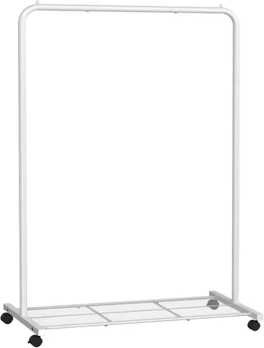 Vista 17 de SONGMICS Perchero de doble barra con ruedas, perchero para colgar ropa, perchero resistente con estante de almacenamiento de malla, 2 frenos, cada
