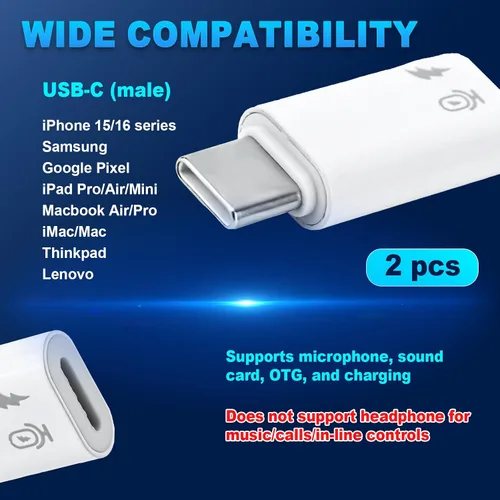 Vista 4 de 2 adaptadores hembra a USB-C macho, tarjeta de sonido de micrófono, adaptador de cable de carga OTG tipo C compatible con iPhone 17, 16, 15, 14