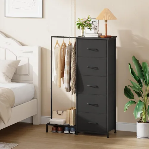 Vista 4 de Somdot - Cómoda con estante para colgar, 5 cajones, cómoda pequeña para dormitorio, cómoda reversible con estante para ropa, cómodas para niños