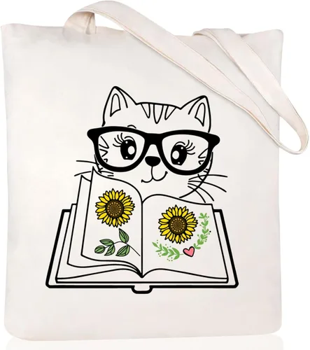 Vista 22 de Andeiltech - Bolsa de lona para mujer, con diseño de gato bonito y estética, bolsas reutilizables para compras y comestibles, con bolsillo