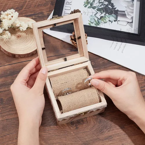 Vista 5 de PH PandaHall Caja de anillos, caja de madera para portadores de anillos, soporte personalizado, organizador de exhibición, cajas de joyería rústicas