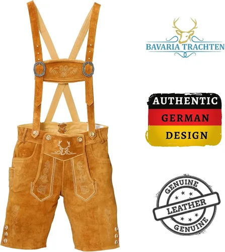 Vista 2 de BAVARIA TRACHTEN Lederhosen - Ropa alemana auténtica de cuero genuino para hombre traje del Oktoberfest color marrón claro corto