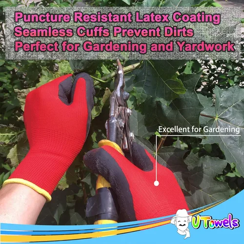 Vista 5 de Guantes de seguridad recubiertos para el trabajo, paquete de 8 pares, agarre firme, uso general y jardinería, para hombres y mujeres (talla S, rojo)