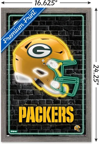Vista 3 de NFL Green Bay Packers - Póster de pared con casco neón 23, 22.4 pulgadas de largo x 14.7 pulgadas, versión enmarcada de madera de granero