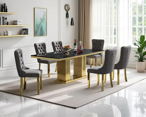 Vista 23 de Juego de mesa de comedor de mármol para 4, mesa de cocina rectangular de mármol negro de 68 pulgadas con base en H de acero inoxidable dorado, juego