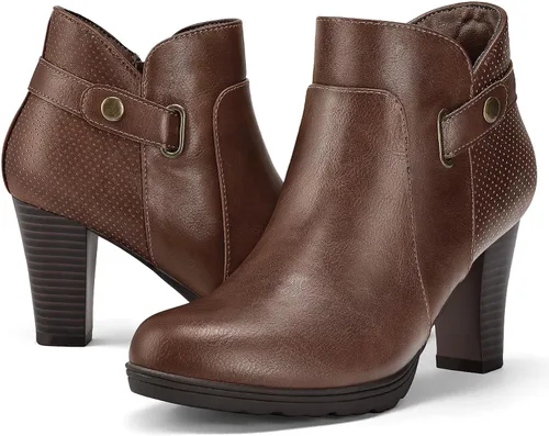 Vista 12 de mysoft - Botines de mujer con cremallera, tacón grueso apilado, botas de tobillo con hebilla y correa en el tobillo Marrón (Brown Buckle)