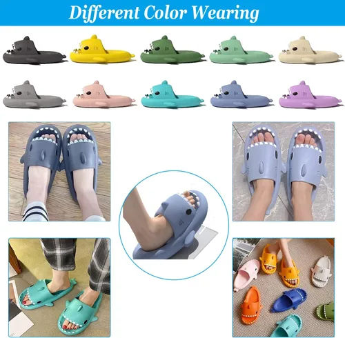 Vista 5 de Lindas pantuflas y sandalias con temática de tiburón, diseño unisex de tiburón nube de dibujos animados con suela antideslizante para niños, mujeres