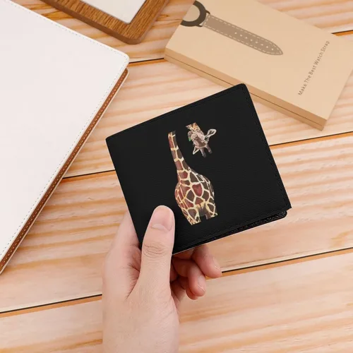 Vista 4 de Divertida billetera plegable de jirafa ultra fina de cuero, bonita bolsa pequeña para tarjetas con ventana de identificación para hombres y mujeres