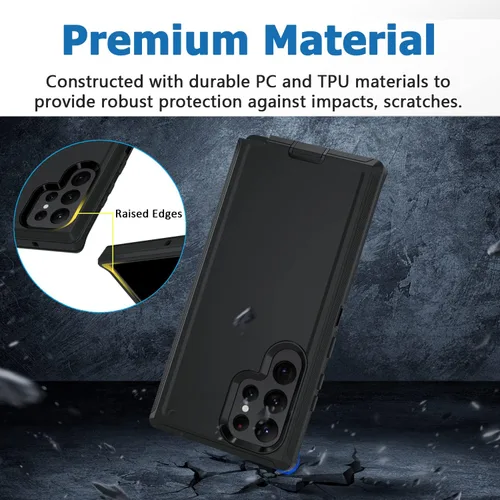 Vista 5 de Miimall Funda compatible con Galaxy S23 Ultra, funda para S23 Ultra desmontable, clip para cinturón, función atril, bordes elevados, protección