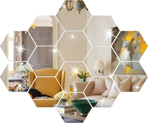 Vista 6 de Calcomanías de pared para bricolaje, juego de 12 calcomanías de espejo acrílico, calcomanías de pared de espejo hexagonal para decoración de sala