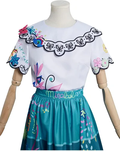 Vista 4 de Vestido de disfraz de Mirabel Madrigal para mujer, disfraz de Mirabel Madrigal para adultos, camisa y falda con aretes de lentes