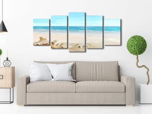 Vista 2 de Pyradecor, paisaje de playa en 5 paneles, lienzo Giclee de paisaje marino, impreso en lienzo moderno, tensado y encuadrado, arte para pared