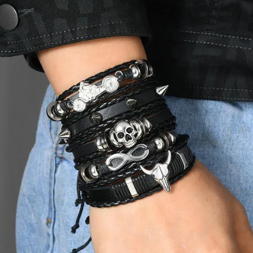 Vista 4 de Leather Bracelet for Men Women Skull Braided Wristband Medieval Pirate Bracelets