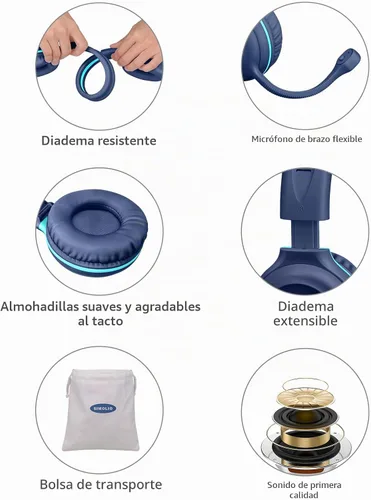 Vista 5 de SIMOLIO - Auriculares con cable para la escuela con micrófono, auriculares estéreo para niños con micrófono giratorio flexible para estudiantes K12