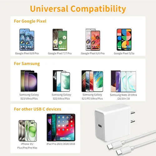 Vista 3 de Bloque de carga rápida USB C de 30 W para Google Pixel 10 Pro XL/10/9 Pro /9/8 Pro/8/7 Pro/7/6a/6 Pro/6/5a/5, paquete de 2 adaptadores de corriente