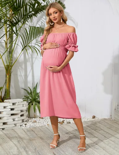 Vista 2 de KOJOOIN Vestido de maternidad de manga corta con hombros descubiertos para mujer, vestido de verano casual con volantes, vestido midi fluido