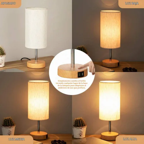 Vista 2 de Yarra-Decor Lámparas de noche con puerto USB, lámpara de mesa con control táctil para dormitorio, de madera, de 3 vías, regulable, juego de 2