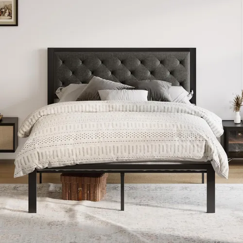 Vista 10 de Allewie Base de cama individual con cabecera tapizada de piel sintética, diseño elegante con costuras de diamante, no necesita somier, color negro