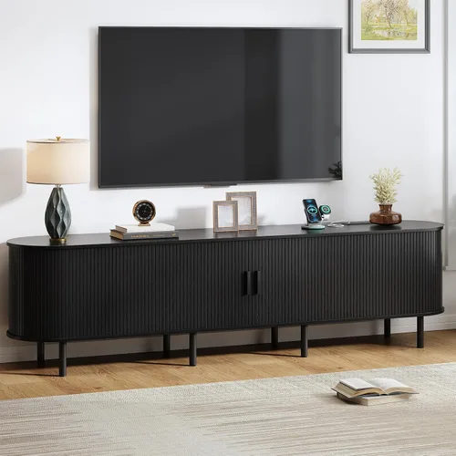 Vista 16 de Soporte de TV de 55 pulgadas con toma de corriente, consola multimedia moderna con puertas correderas, centro de entretenimiento para televisores