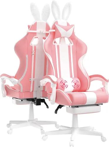 Vista 12 de Ferghana - Silla de juego Kawaii en azul claro con orejas de conejo, silla Gamer ergonómica y linda con reposapiés y masaje, silla de juego