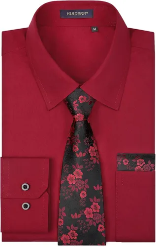 Vista 77 de HISDERN Mens Dress Shirt with Tie Pocket Square Set Classic Button Down Shirt Matching Tie Long Sleeve Shirts 08-verde