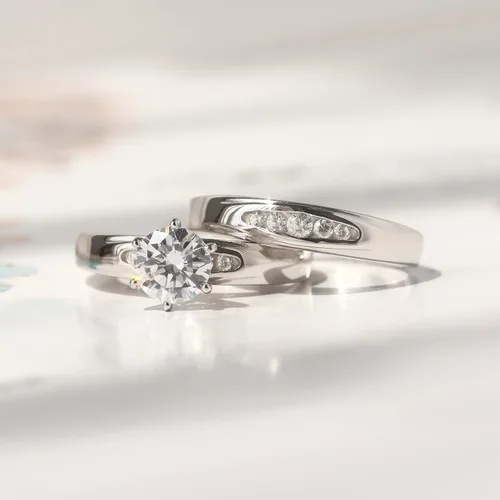 Vista 7 de Juego de anillos de boda solitarios de plata de ley con circonita blanca de 0.236 in (talla 5 a 10)
