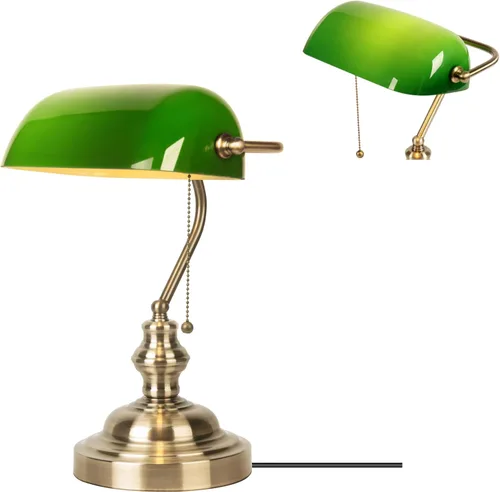 Vista 10 de Lámpara de Banco de Vidrio Verde, Lámpara de Escritorio Retro con Puerto de Carga Inalámbrica USB, Lámpara de Mesa con Cadena Clásica, para Mesita